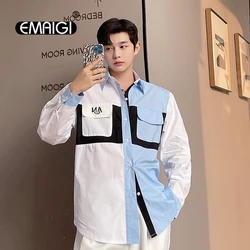 Shirt Men Splice Color Loose Casual Long Sleeve Shirts Youth Fashion Korean Streetwear Chic Shirts and Blouse for Male