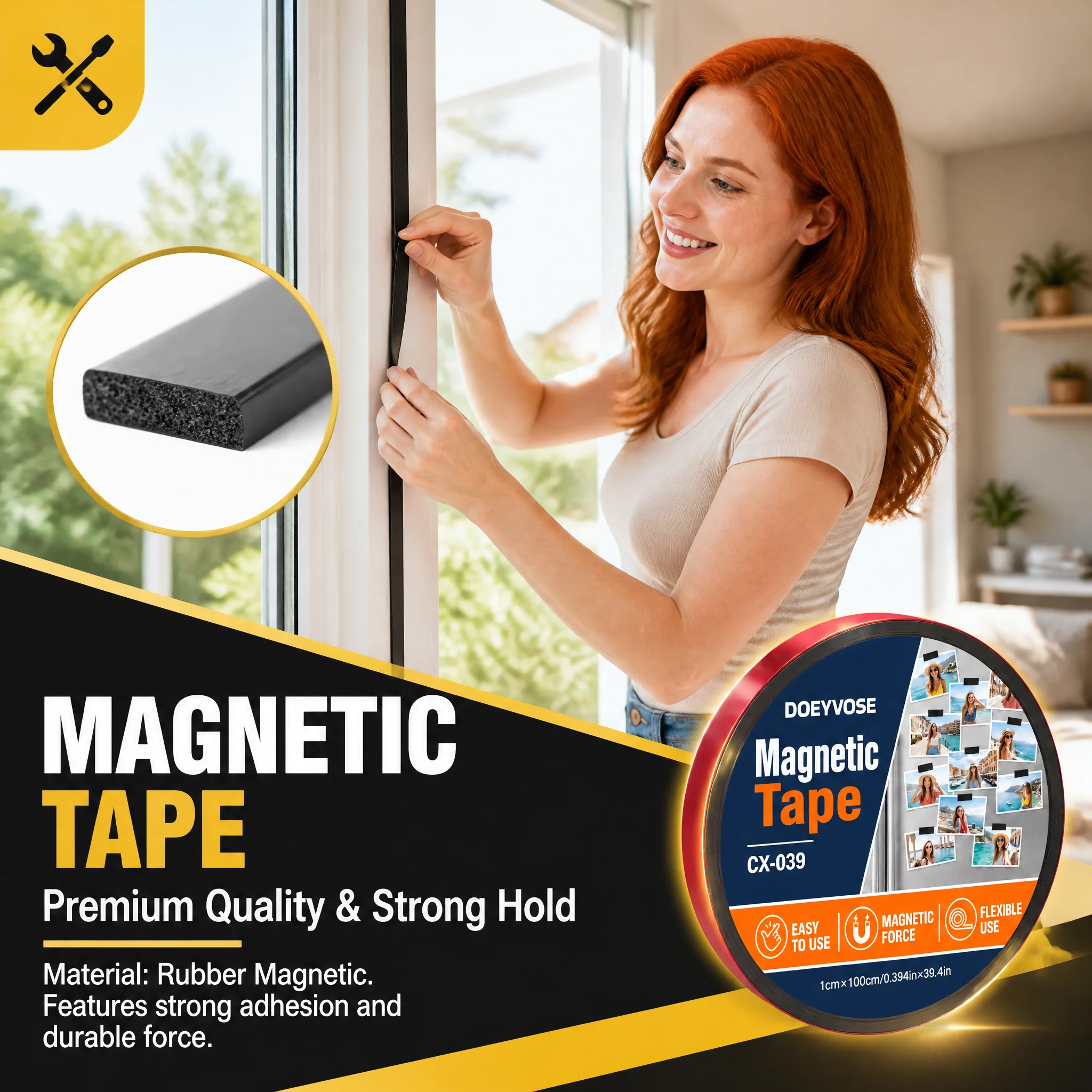 Flexible Rubber Magnetic Tape Adhesive Back 10×1×100cm DIY Refrigerator Strip