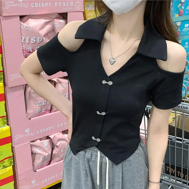 

Niche Polo Neck Slim and Fashionable Short-sleeved Top Sweet and Spicy Style Off-shoulder