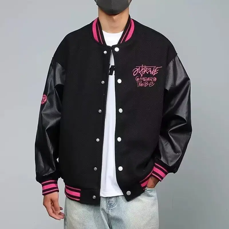 Embroidered Varsity Jacket Men Streetwear Spliced PU Sleeves Baseballs Bomber Jacket women Youth Korean Fashion Men Clothing