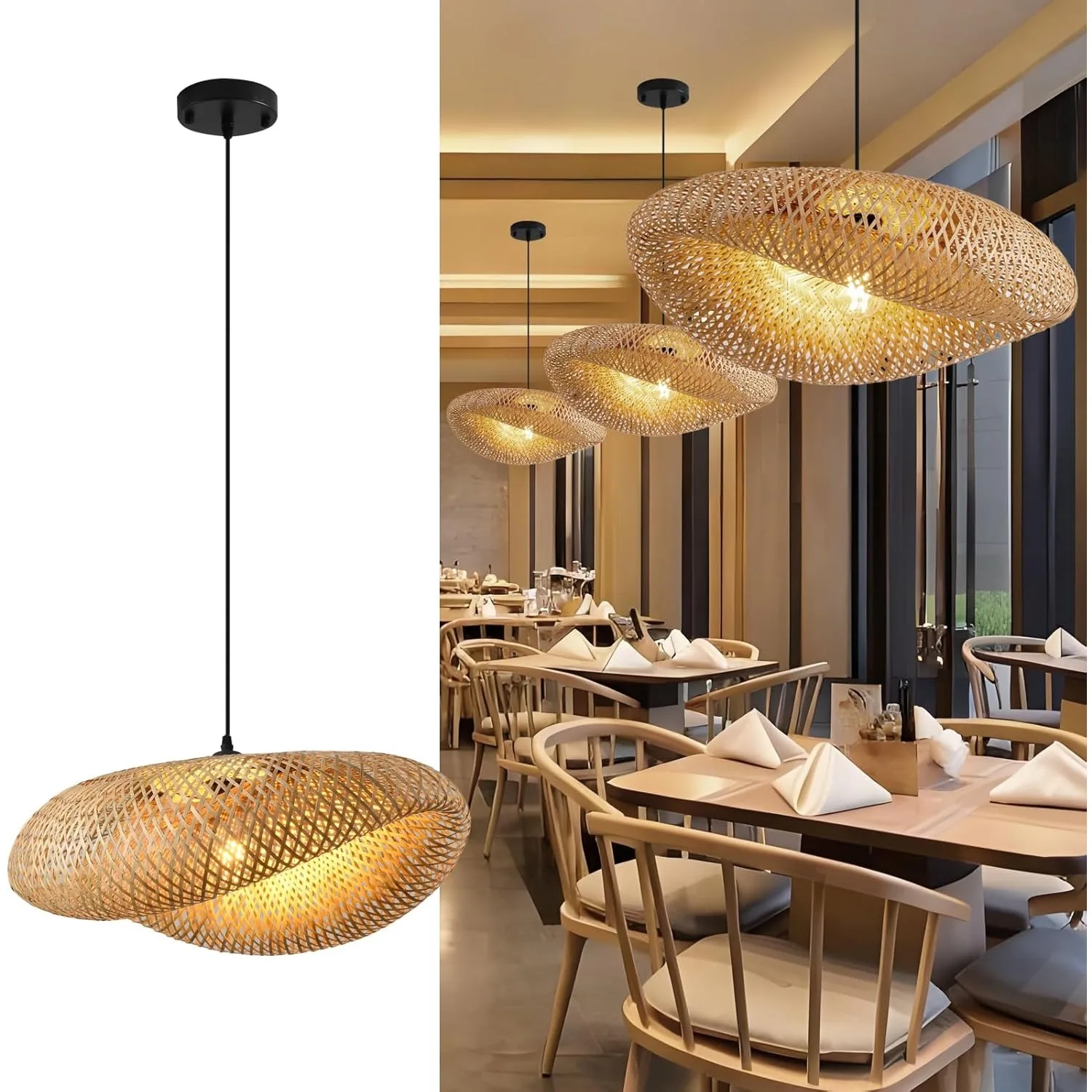 

JOYINLED Handwoven Bamboo Chandelier Pendant Light Natural Rattan Woven Ceiling Hanging Lamp for Living Room Dining Room Bedroom