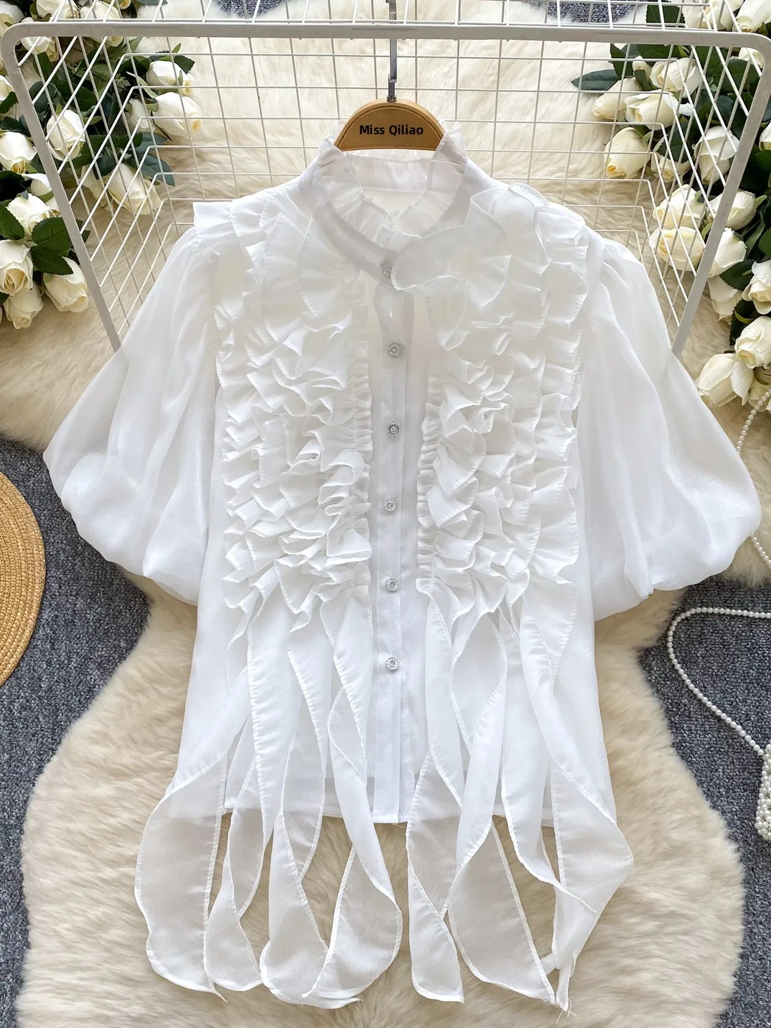 Bluzka damska z stójką, falbankami, bufiastymi rękawami, słodka, uniwersalna, zapinana na jeden guzik, elegancka, koreańska, luźny krój...