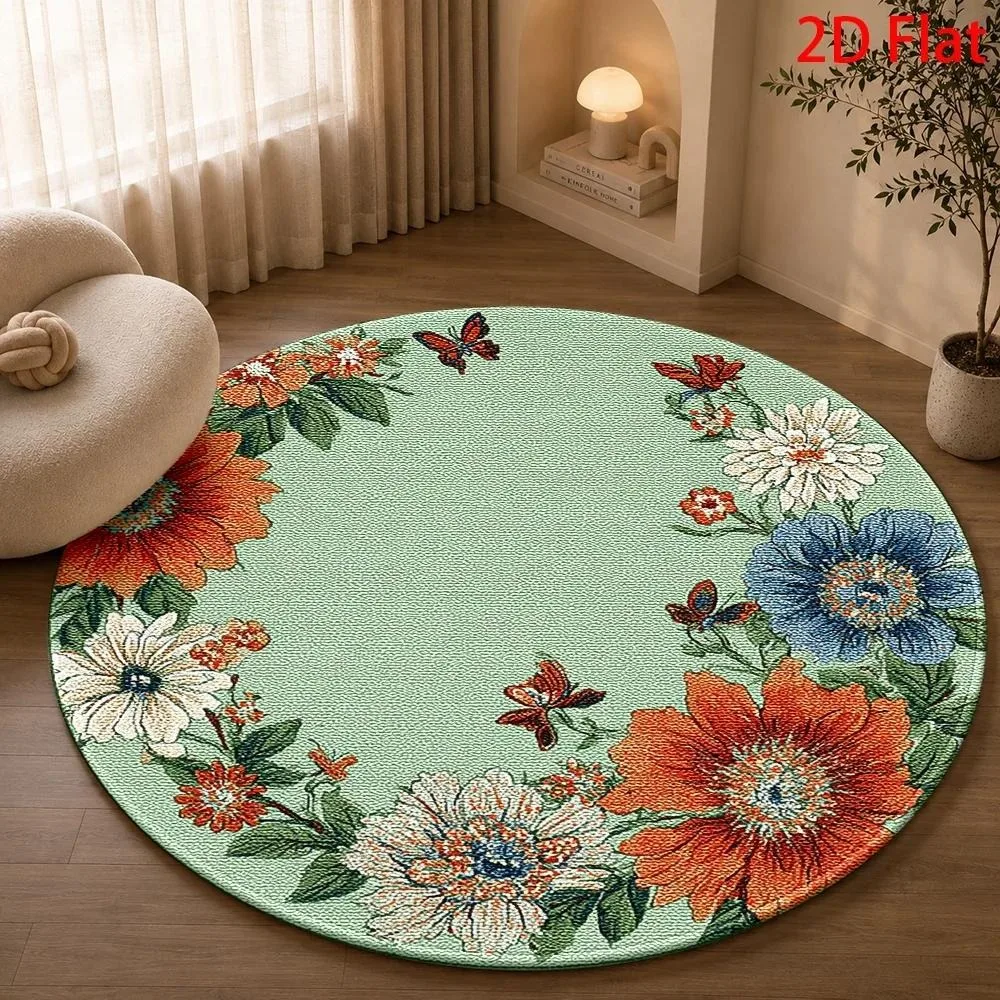 Vintage Round Carpet Mint Green Wreath Floral Butterfly Border Textured Print Circular Floor Rug for Living Room Bedroom