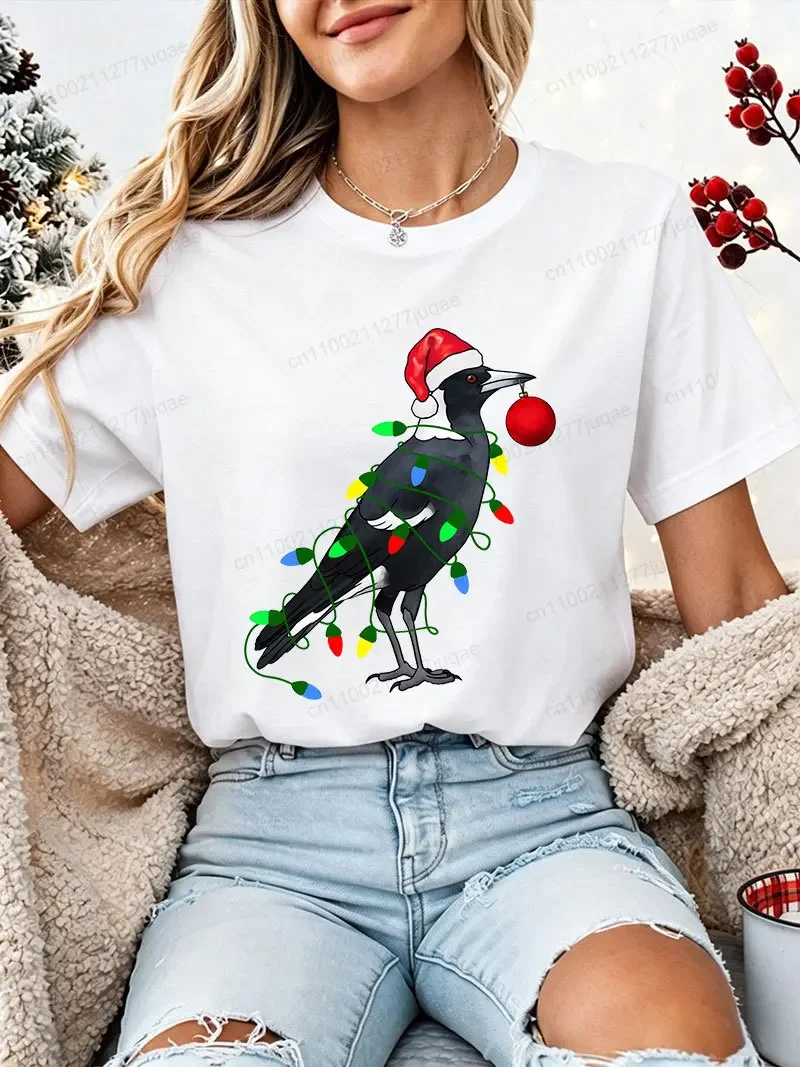 Christmas Women T‑Shirt Funny Magpie Santa Hat Print T-Shirts Short Sleeve O‑Neck Casual Tee Xmas Party Holiday Tops Camisetas