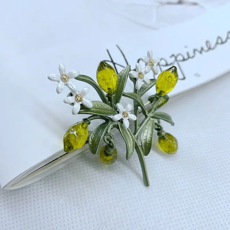 Fashion Elegance Lemon Brooches Flower Leaf Fruit Orange Blossom Corsage For Women Accessories image 3