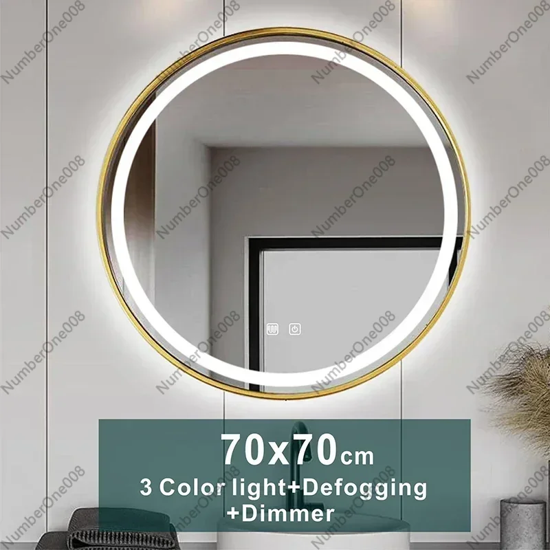 LED Makeup Mirror with Lights, 3 Color Backlit Dimmable Anti Fog Bathroom Vanity Mirror, Gold Frame Round Wall Mounted 60/70/80