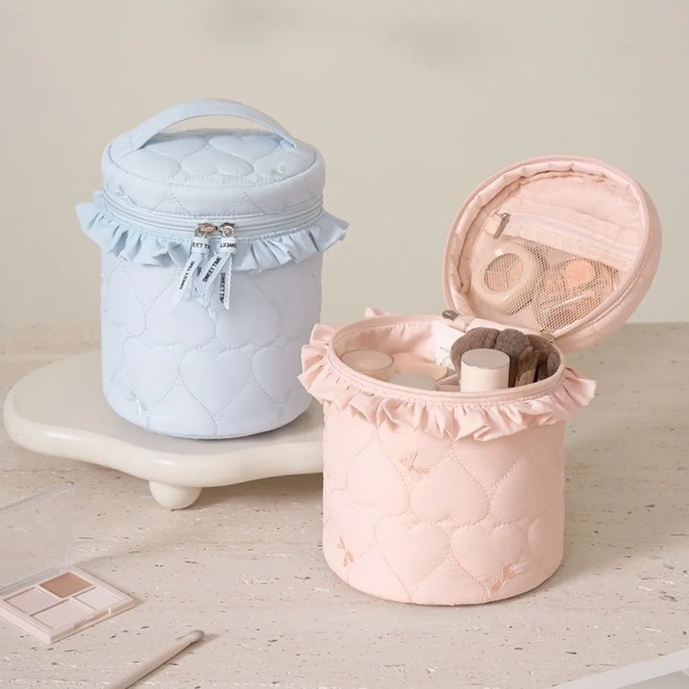 Love Pattern Cosmetic Organizer Bag Cylindrical Shape Multi-Pocket Toiletries Bag Candy-Colored Large Capacity Makeup Bag