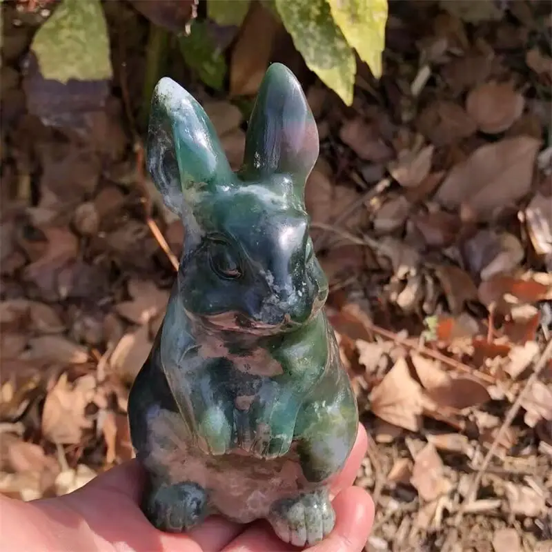 

Natural Moss Agate Rabbit Carving Reiki Healing Fengshui Stone Home Ornaments Decoration Holiday Gift 1pcs