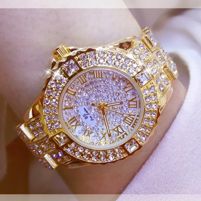 Luxury Brand Women's Gold Diamond Watch Rhinestone Bracelet Quartz Wristwatch Female Relogio Feminino Elegant Timepiece