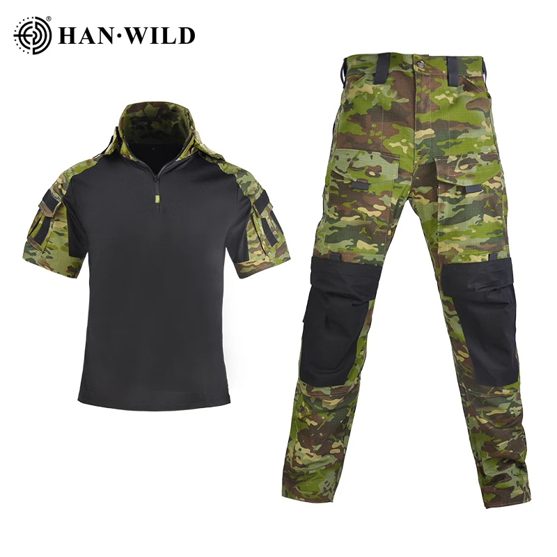 HAN WILD Camouflage Tactical Men Short Sleeve Hooded Frog Combat Airsoft Rapid Assault Wear Resistant Hunting Top Tees T-shirts