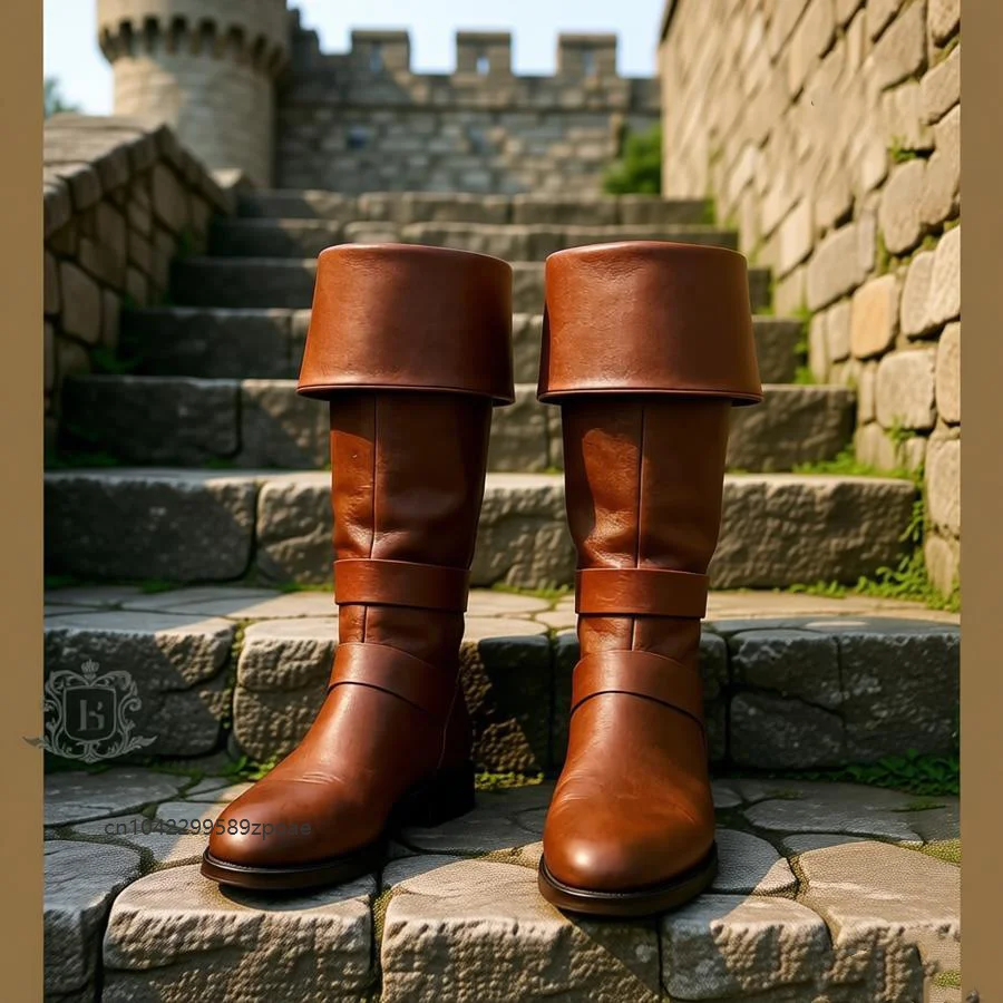 Vintage Pirate Fold Over Cuff Knee High Boots Medieval Renaissance Cosplay Cowboy Shoes Halloween Party Stage Dress Up Bootes 6
