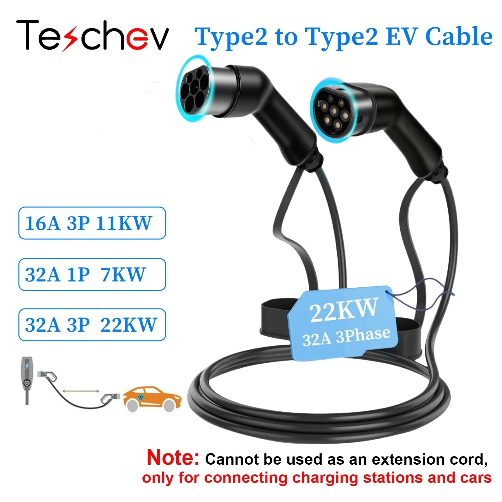 

Teschev EV/PHEV Charging Cable with Carry Bag, 3 Phase 11kW 22kW 7kW Type 2 Hybrid Auto Cable Compatible for Electric Vehicles