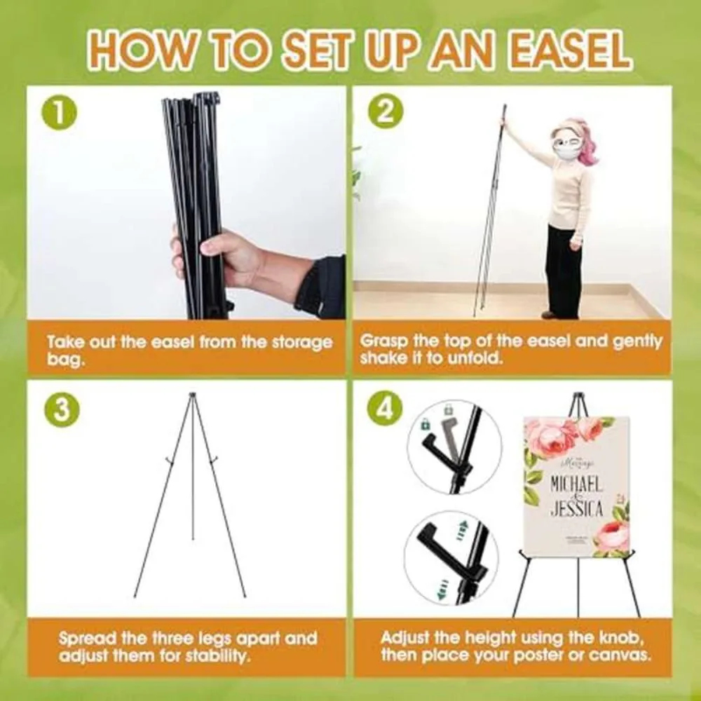 Portable Folding Easel Stand with Non Slip Feet,Side Hooks,Adjustable Height Poster Sign Holder for Store Display,Market Booth,Trade Show,Art Exhibition,Graduation,Christmas,Home Decor,Black White Available