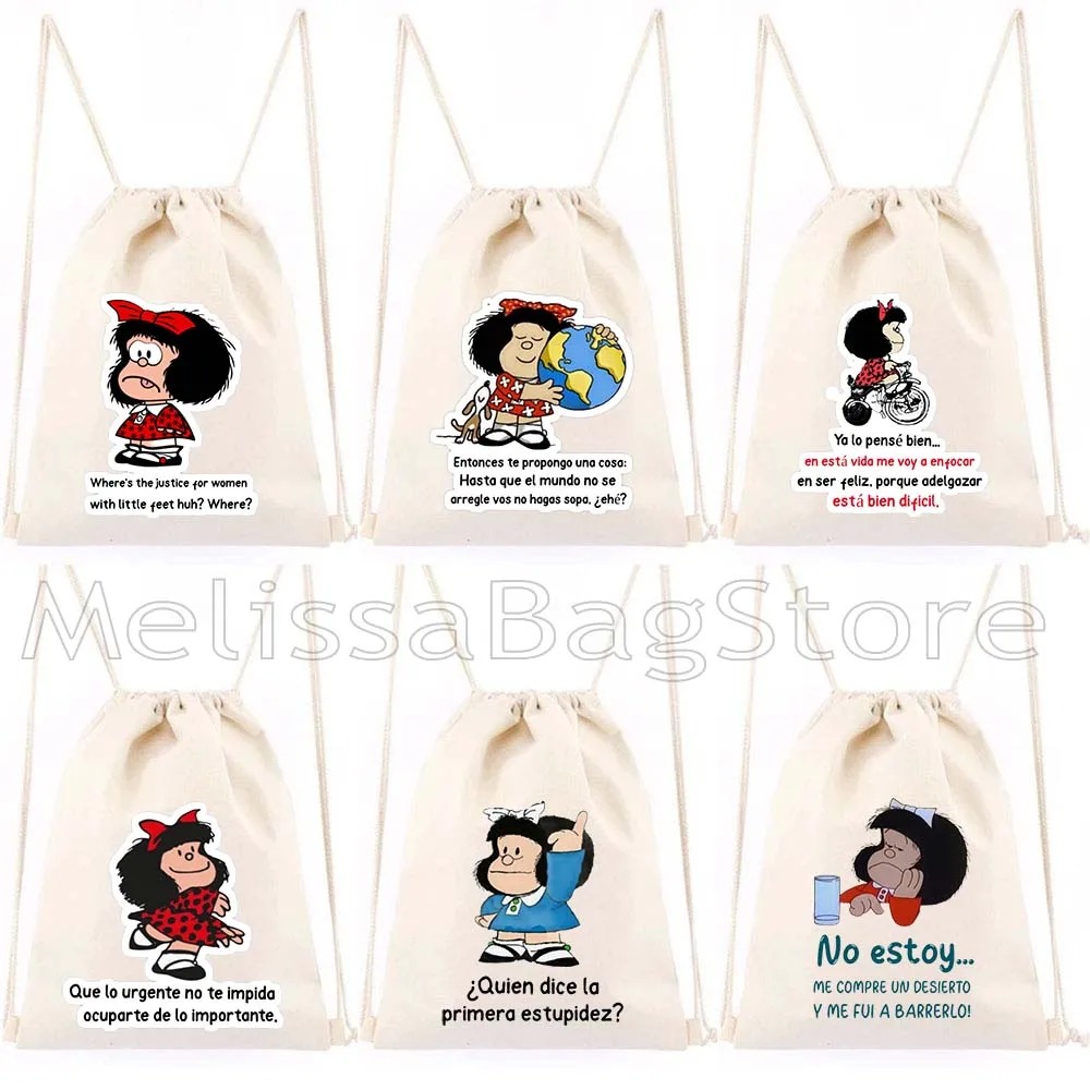 Funny Spanish Quotes Cute Mafalda Comics Kawaii Cartoon Girl Mafalda Quino Gift Canvas Drawstring Bags Soccer Backpack Sackpack