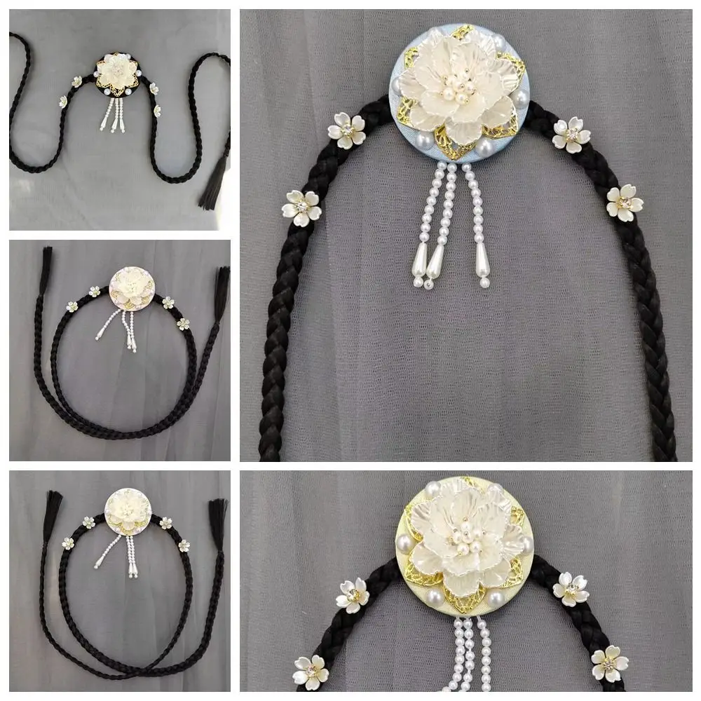 Sweet Flower Hanbok Wig Headdress Tassel Pearl Korea Ethnic Style Hairband Beaded Traditional Stage Dance Hair Hoop Performance