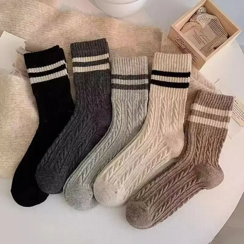 5/10 Paar Damen Herbst-Winter gestreifte mittelhohe Socken, warm, bequem, modisch, College-Stil, dreidimensionale Textur, lässige Socken – Detail 13