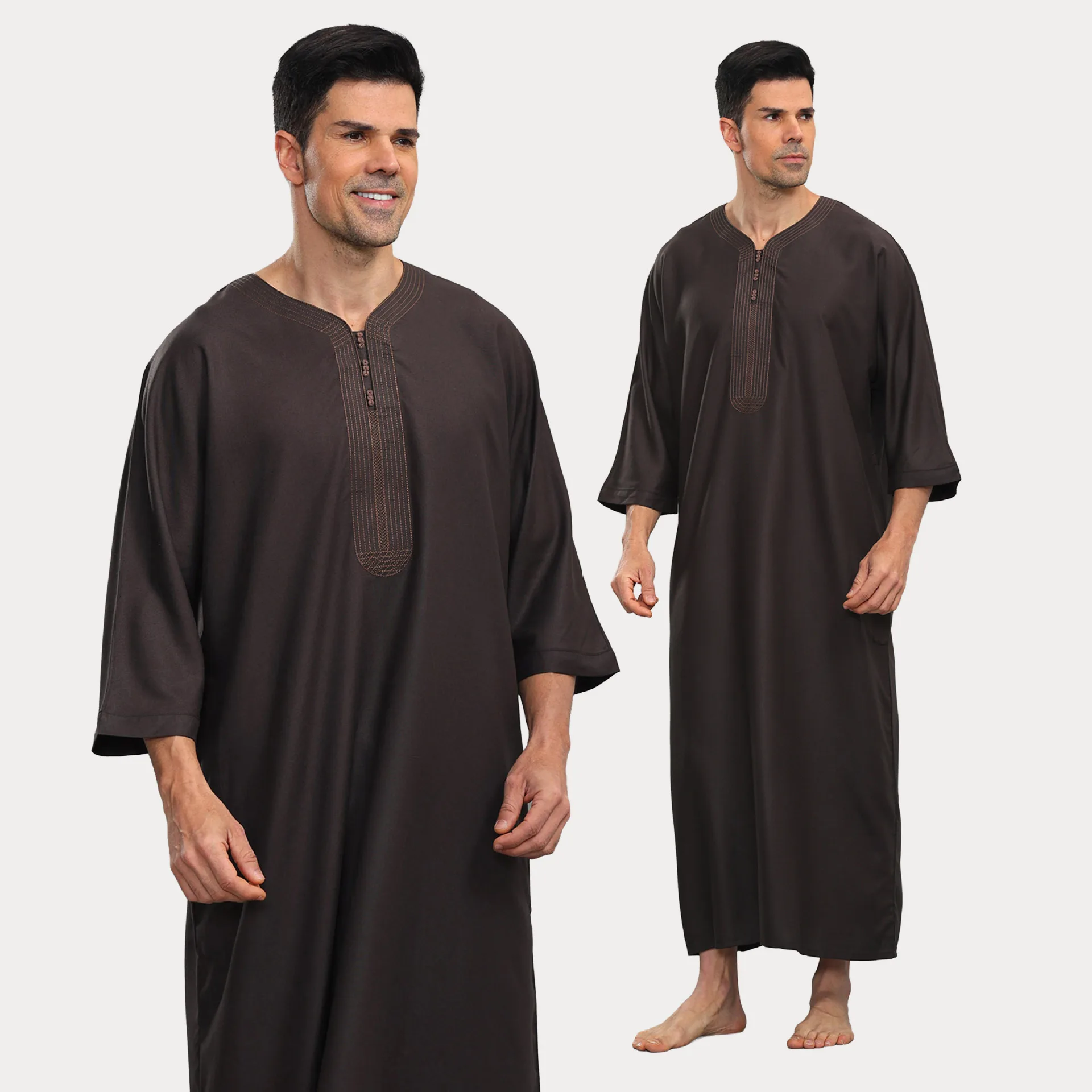 Men's Embroidered Thobe 3/4 Sleeve Kaftan, Loose Fit Islamic Jubba, Middle East Style Long Robe for Prayer & Daily Wear