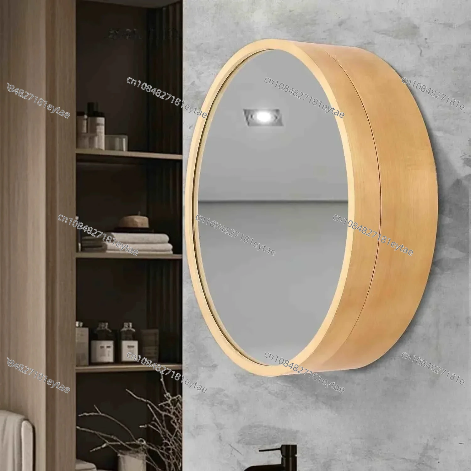 Smart Round Bathroom Mirror Cabinet, Solid Wood, Modern Mirrored Bathroom Makeup, Wall Mounted Round Mirror with Storage