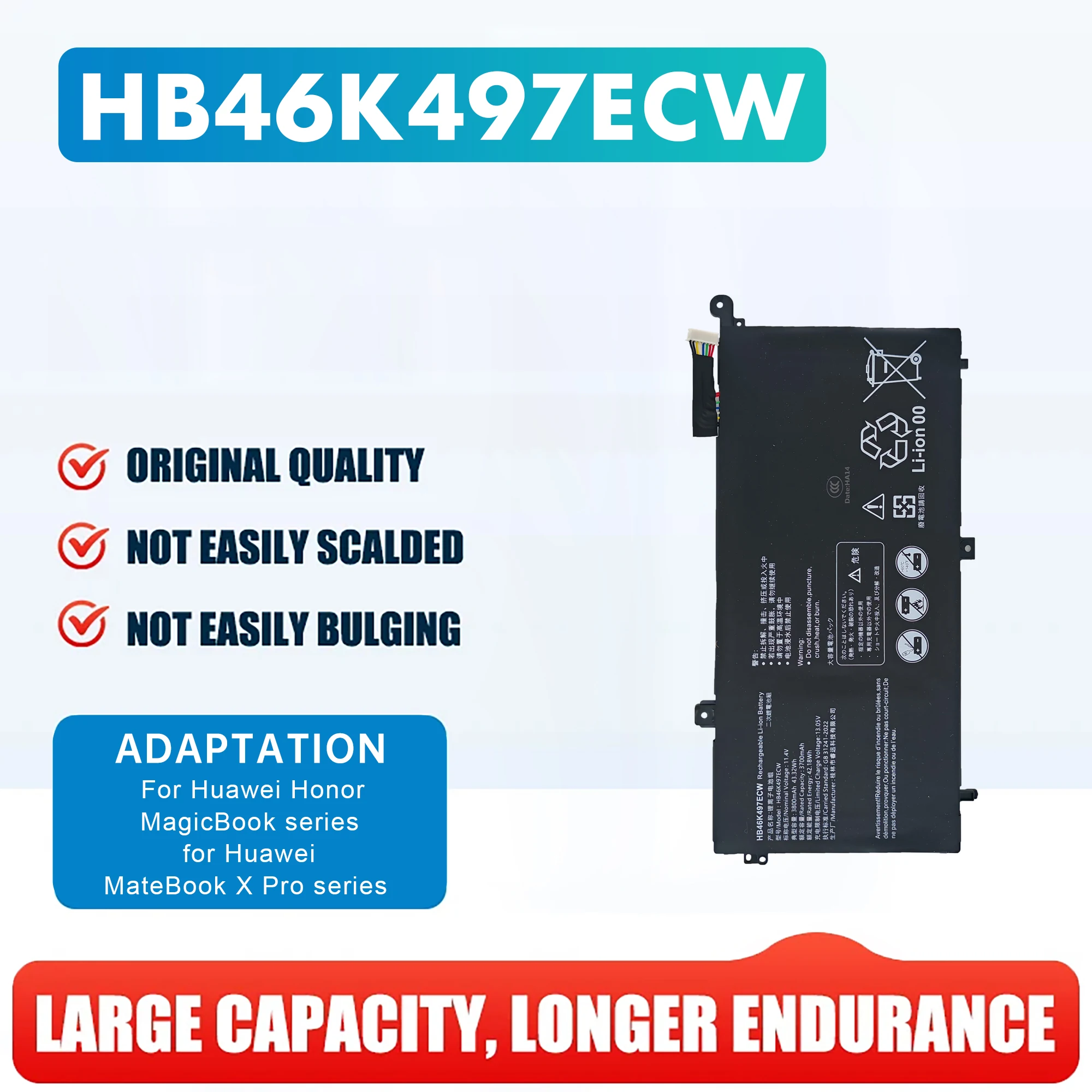 

HB46K497ECW Laptop Battery For Huawei Matebook D 2018 PL-W19 PL-W09 PL-W29 MRC-W50 MRC-W60 MRC-W70 3800mAh 43.3Wh 11.4V