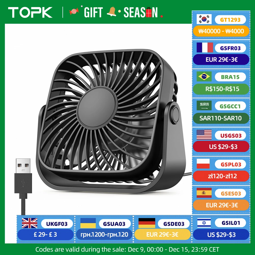 TOPK Mini ventilatore portatile USB da 4 pollici per campeggio, ventilatore personale da tavolo silenzioso a 3 velocità, 360 ° Regolazione dei