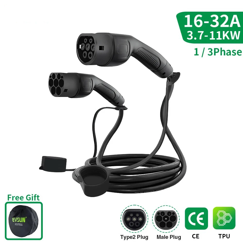 

EV Car Charging Cable 1 Phase or 3 Phase 16A-32A Type 2 to Type 2 Female to Male IEC 62196 Plug Length 5M