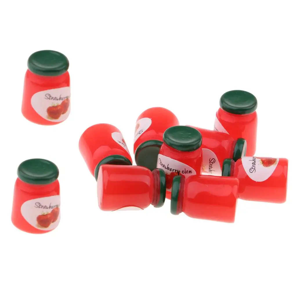 1/12 Puppenhaus Küche Lebensszene Ornament – Miniatur-Lebensmittelmodell Erdbeermarmelade Flaschen Set vorgeben 10-teilig