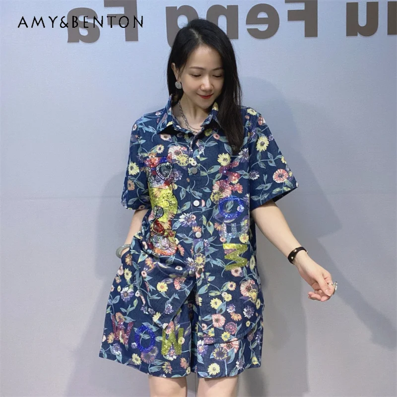 

Summer Casual Fashion Ladies Denim Short Sleeves Top Shirt Two-Pcs Set Rhinestone Embellished Shirt High Waist Loose Shorts Suit