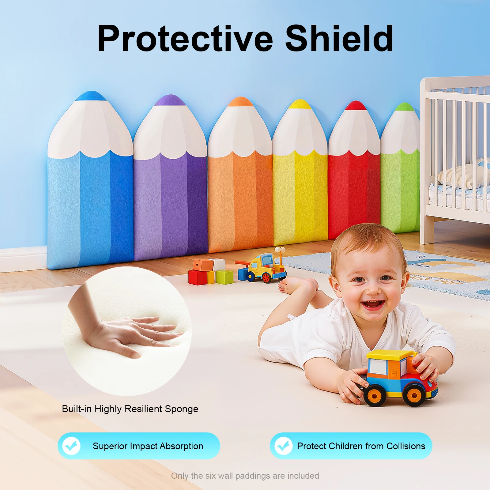 3D Pencil Wall Corner Guards, 6PCS Baby Proof Edge Protectors, 30mm Thick Soft Sponge Padding, Easy Peel & Stick for Kids Safety