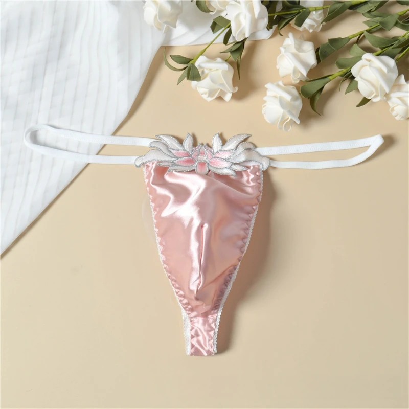 Men's Sexy Thong Bikini String Glossy Satin Flower Underwear Low Waist Thin Belt Pouch Panties Enhance T-Back Sissy Lingerie