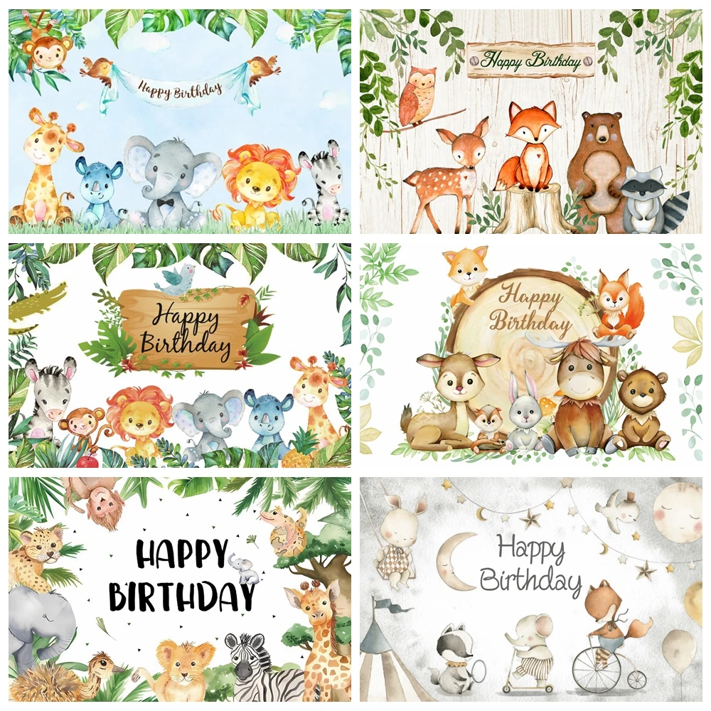 Laeacco Jungle Safari Animal Happy Birthday Photozone Backdrop Newborn Baby Shower Children Portrait Photography Background