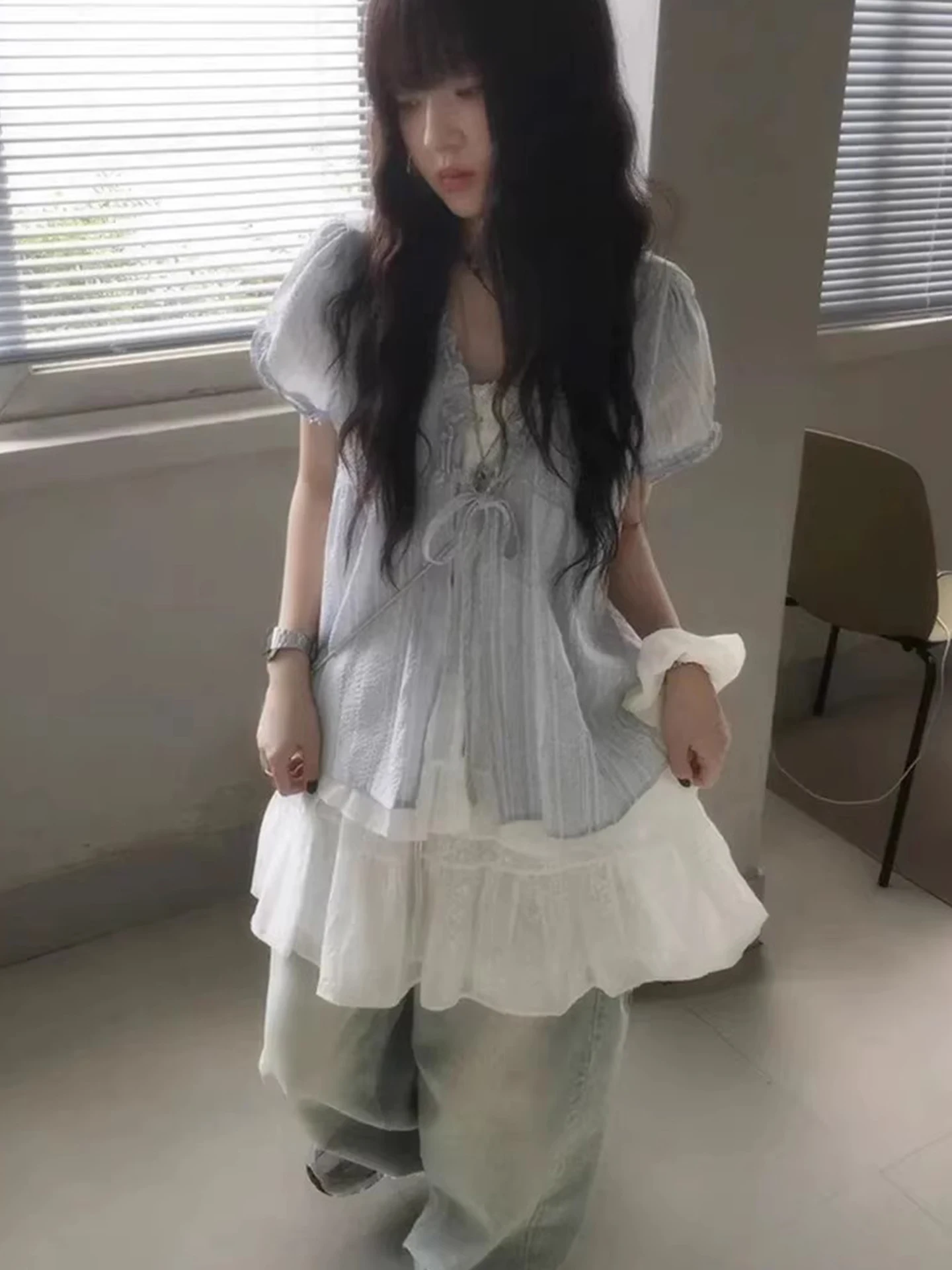 

Sweet Stripe Bow Tie Bubble Sleeve Shirt Top Women's Summer New Style Two-Piece Design Korean Version Loose Fit Polyester Fiber