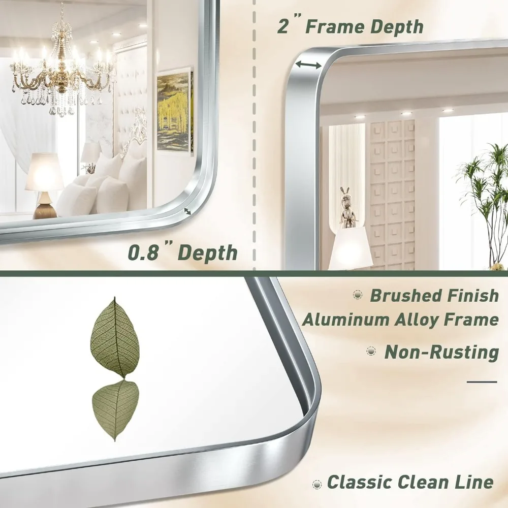 40 X 30 Inch Brushed Silver Bathroom Mirror for Wall Brushed Brass Metal Rounded Corner Rectangle Mirror Freight Free Miroir