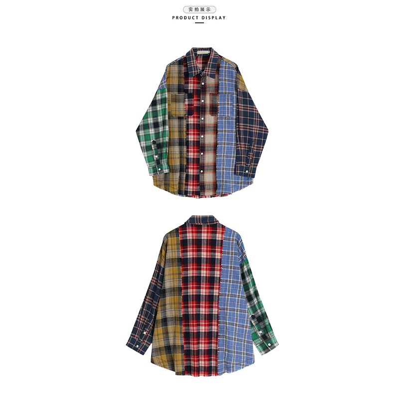 Women Patchwork Plaid Shirts and Blouses Y2k Vintage Korean Harajuku Fashion 90s Elegant Long Sleeve Polo-Neck Shirt Top Clothes