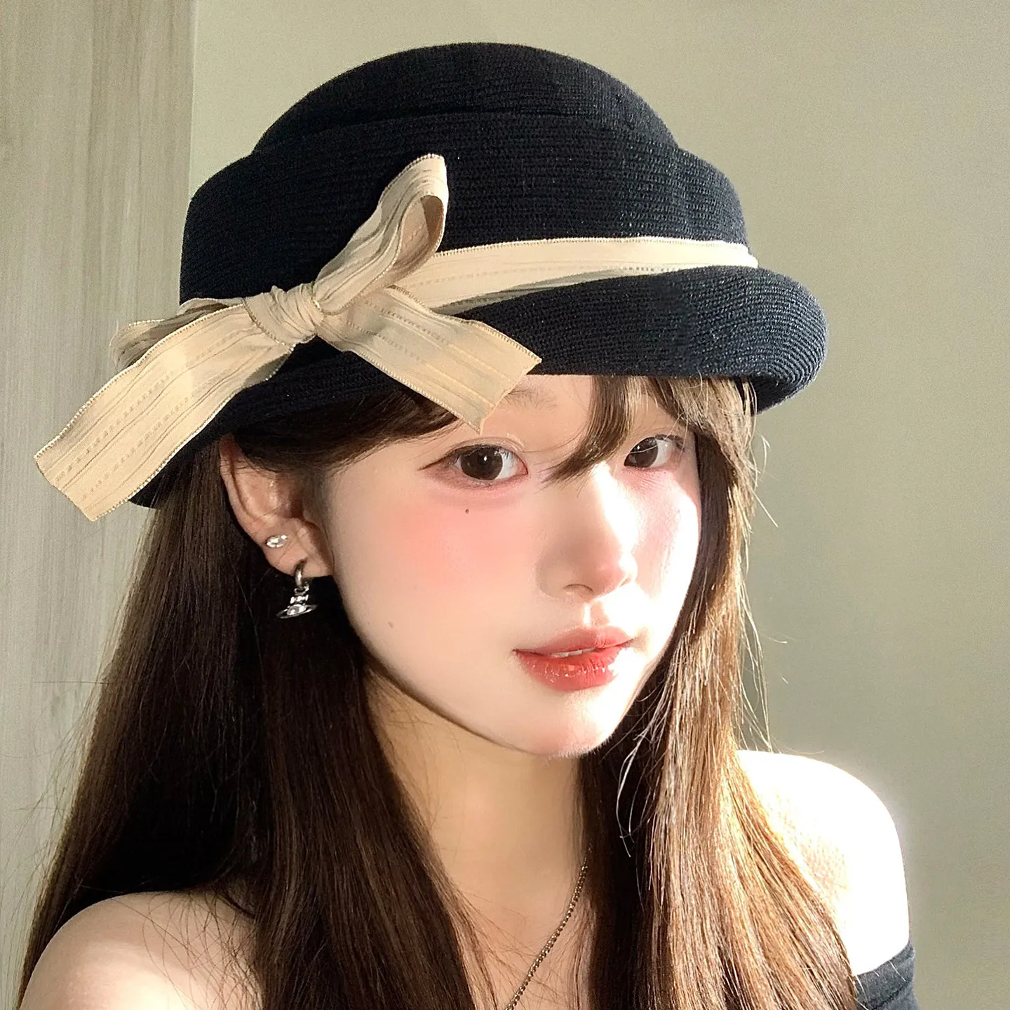 French Elegant Bowknot Bow Topper Hats for Women Summer Knitted Thin Hepburn Style Formal Dome Fedora Travel Caps Sombreros