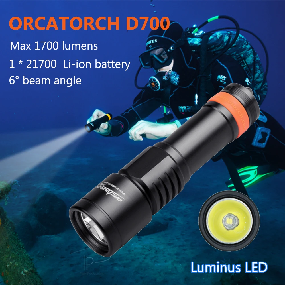 ORCATORCH D700 Professional Diving Flashlight Underwater Lantern Scuba Diving Light Rechargeable Battery Powerful LED Flashlight