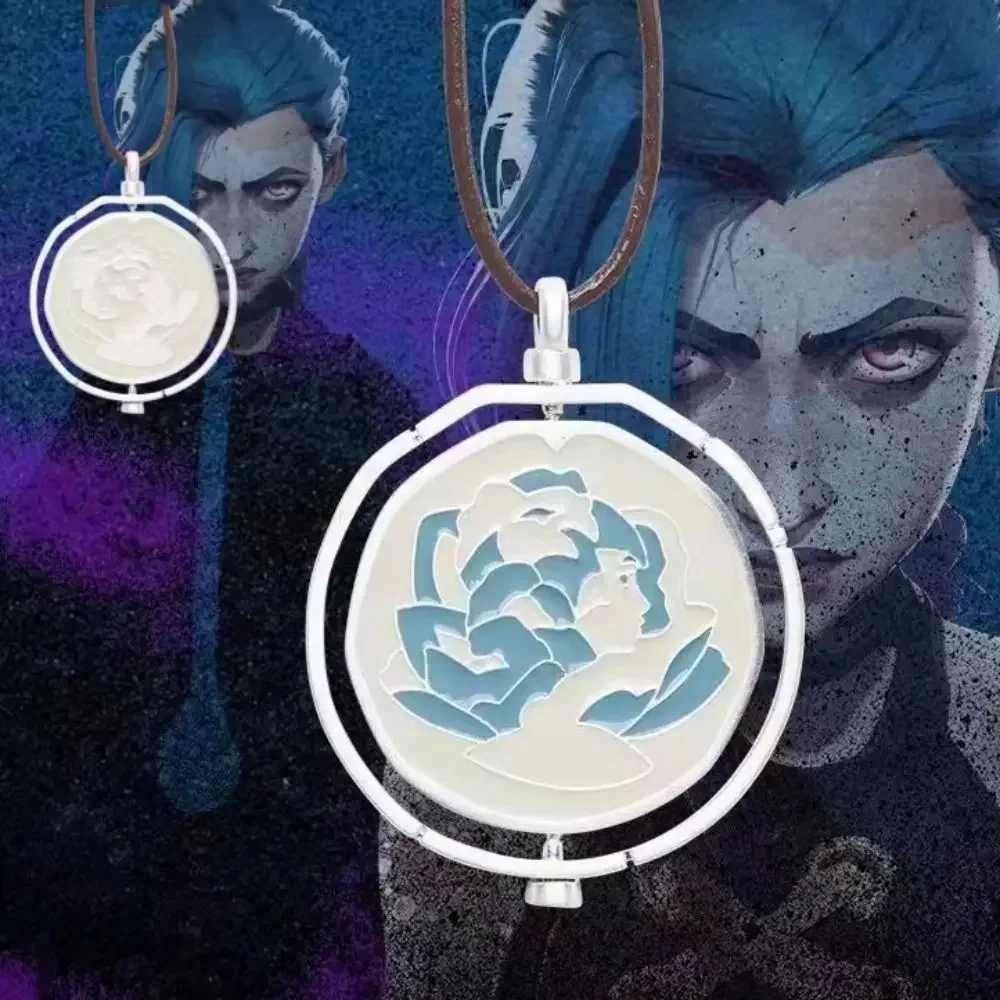 New League Of Legends Arcane Season 2 Same Style Jinx Ekko Head Portrait Rotating Blue Rose Necklace Lovers Friend Pendant