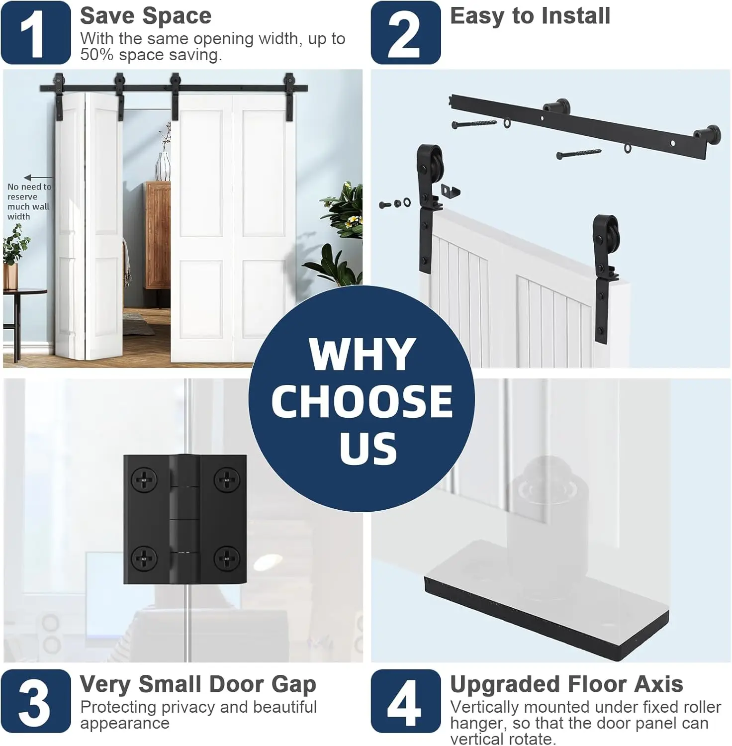 طقم أجهزة باب الحظيرة المنزلق ثنائي الطي مقاس 72 بوصة، أجهزة باب ثنائية الطي مثبتة على الجانب باللون الأسود لـ 4 أبواب (الباب غير متضمن)