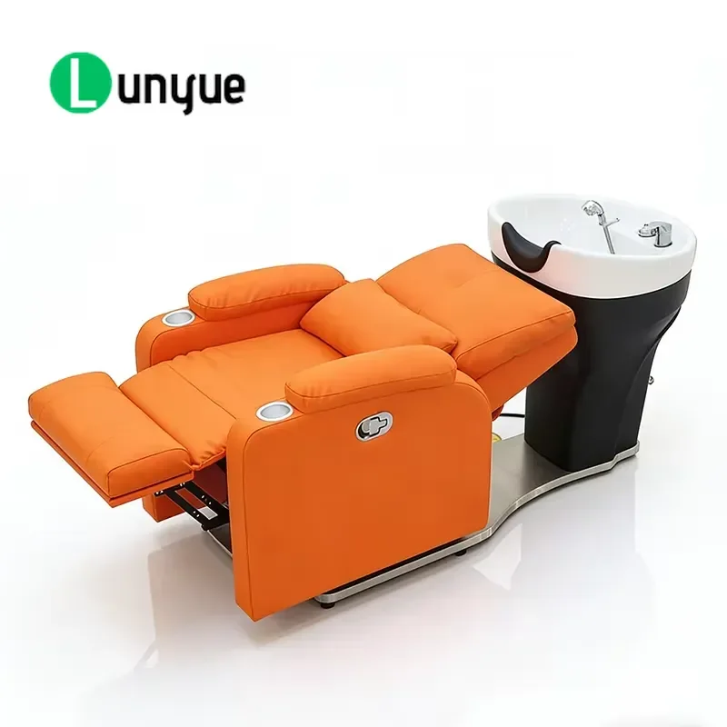 Luxury Orange Rotary Shampoo Chair Modern Electric Adjustable Tilt Equipment Beauty Furniture for Hair Washing Station