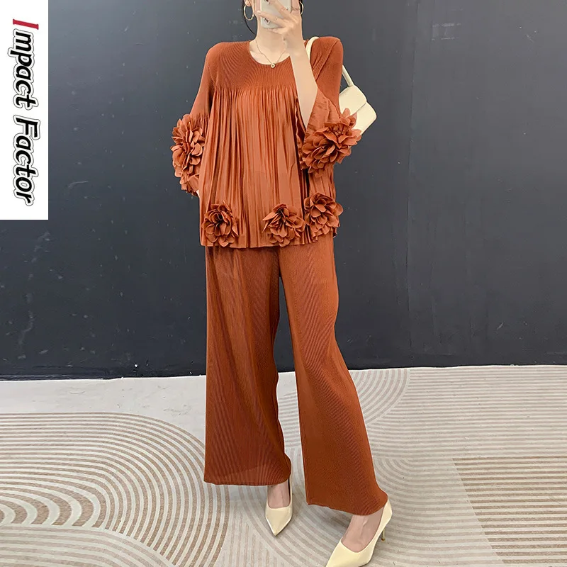 

2026 Spring and Summer New Pleated Solid Color Hand-cranked Flower Two-piece Set Women's Casual Top + Loose Straight Pants Set