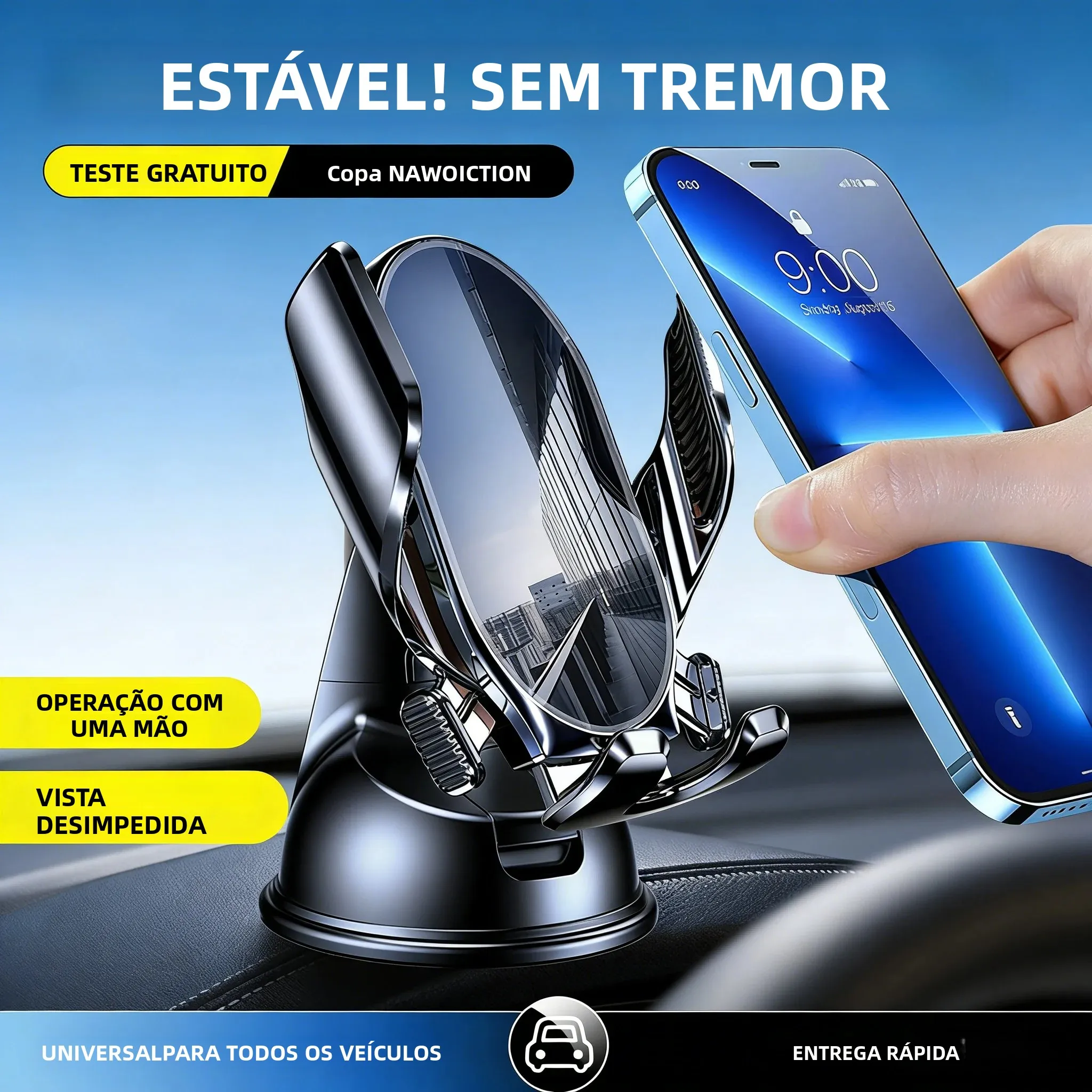 Novo Suporte Automático Mecânico para Celular Veicular 2026 com Fixação por Ventosa Forte e Rotação 360° °   Suporte de Navegação GPS Universal Rotati