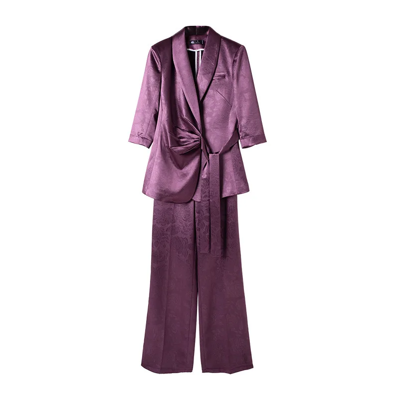 Designer Splicing ผู้หญิงอาวุโสหรูหรา Blazer ชุดกางเกงชุดซาตินผ้าไหม Office Lady Solid Coat ขนาดใหญ่ Elegant Jacket