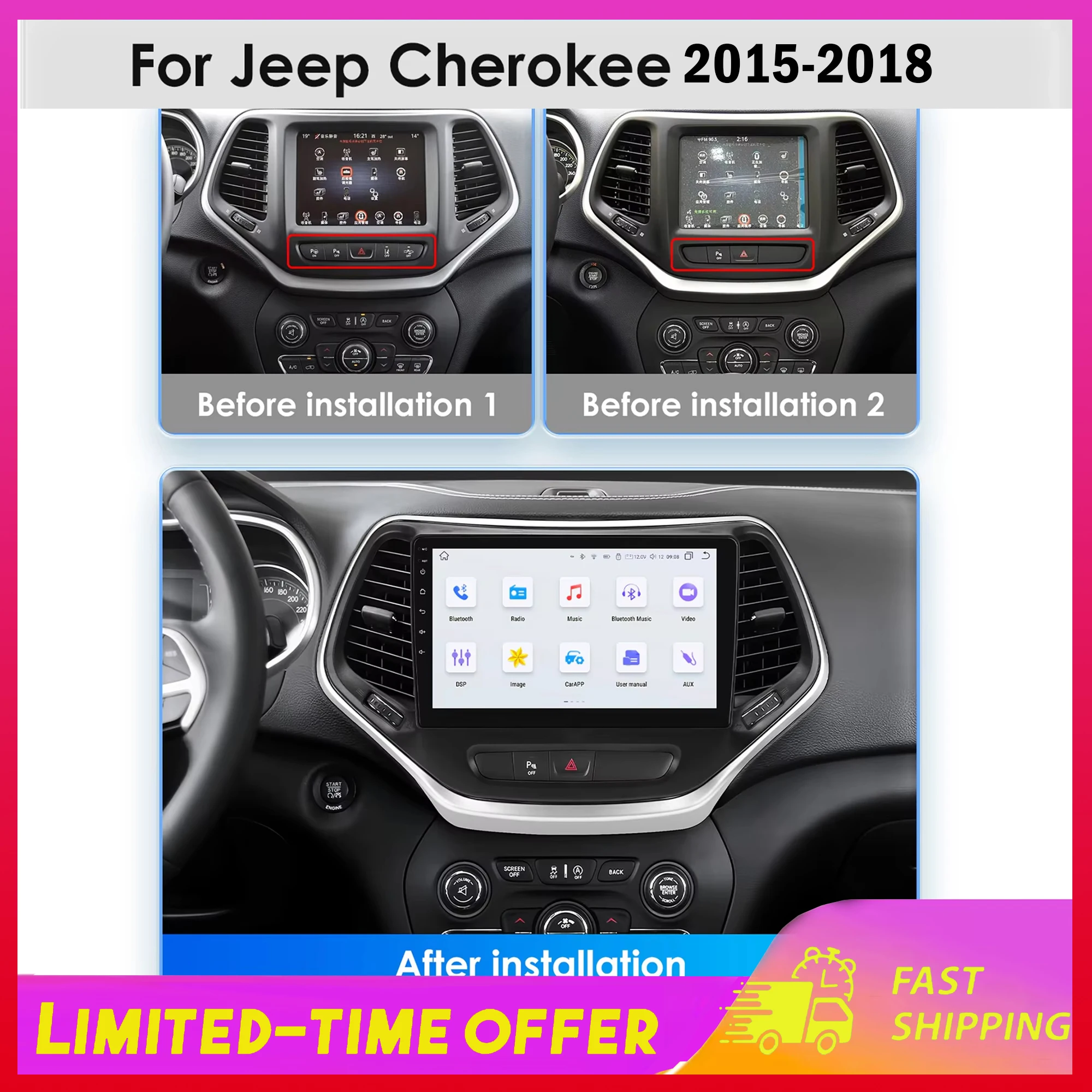 

2+32G Android 13 Car Radio for Jeep Cherokee 2015-2018 10 Inch Touchscreen Car for Carplay Android Bluetooth Multimedia Player