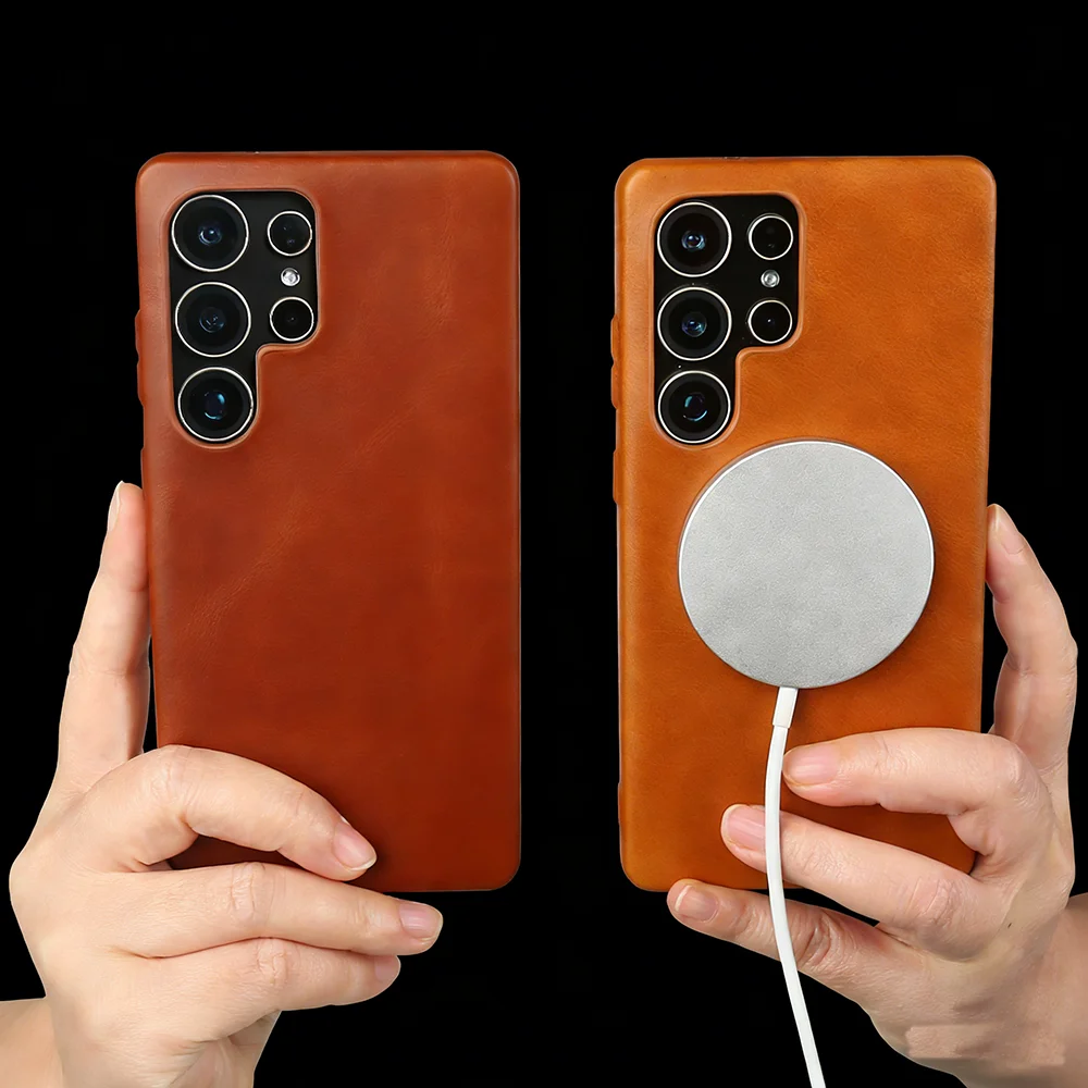 

Для Samsung Galaxy S25 Ultra S24 Plus S23 FE S22 S21 S20 Note 20 Ultra A16 A17 A55 Чехол для телефона из натуральной кожи Magsafe Back Cover