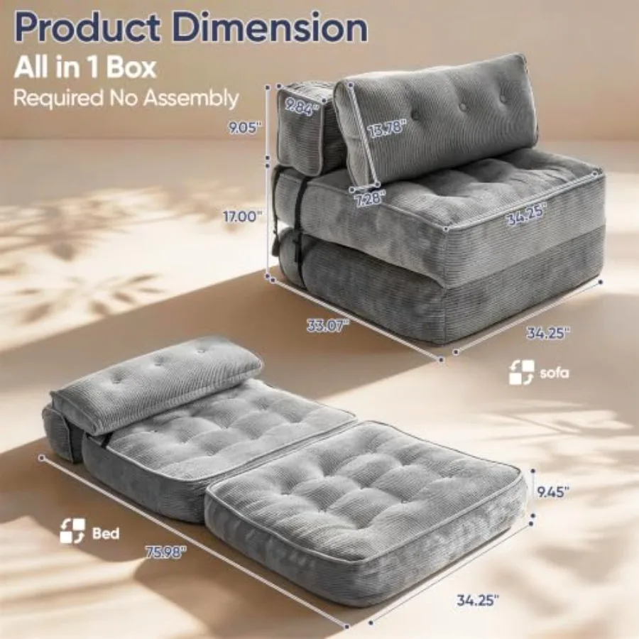 2 in 1 Folding Sofa Bed, Convertible Sleeper Chair with Ergonomic Back Support Memory Foam Pillow, Multifunctional Fold-Out Cha