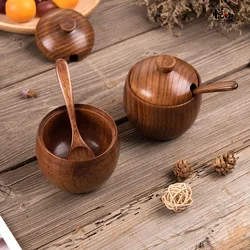 Wooden Seasoning Jar Creative Kitchen Retro Salt Sugar Pot Seasoning Storage Jar With Lid