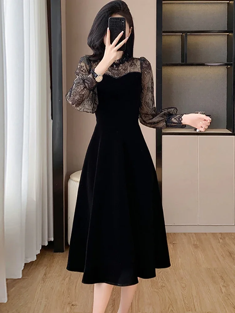 2024 Black Velvet Patchwork Lace Sheer Sexy Long Dress Women Elegant Ruffled Luxury Dress Autumn Winter Korean Vintage Vestidos