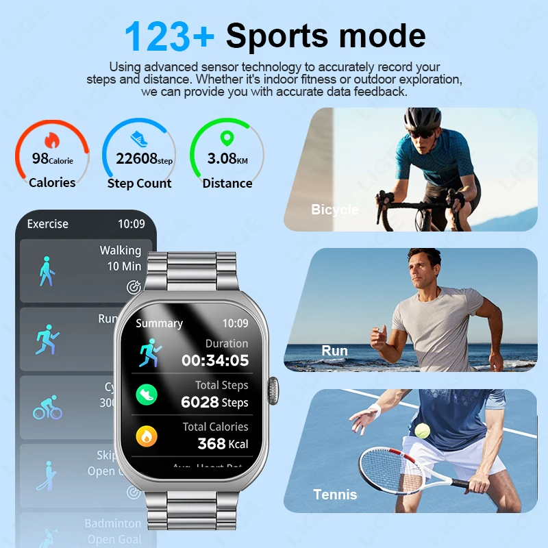 LIGE Neue AI Stimme Smart Uhr 2,01 "HD Gebogene Bildschirm SmartWatch Bluetooth Anruf Blut Sauerstoff Überwachung Smartwatch Für männer Frauen