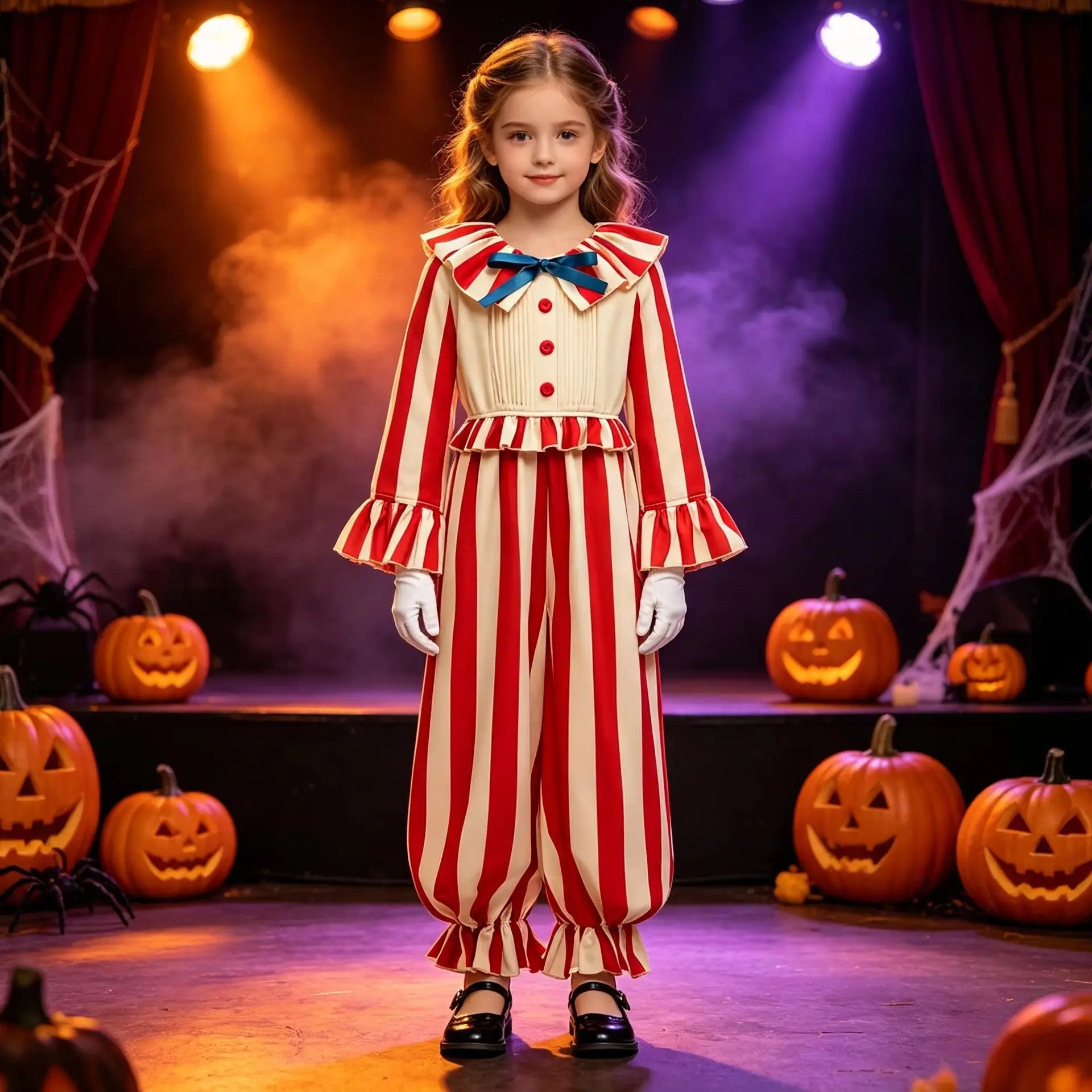 Children Clown Red Striped Set Costume With Gloves For Boys Girls Carnival Party Perform Halloween Joker Outfit Birthday Gift