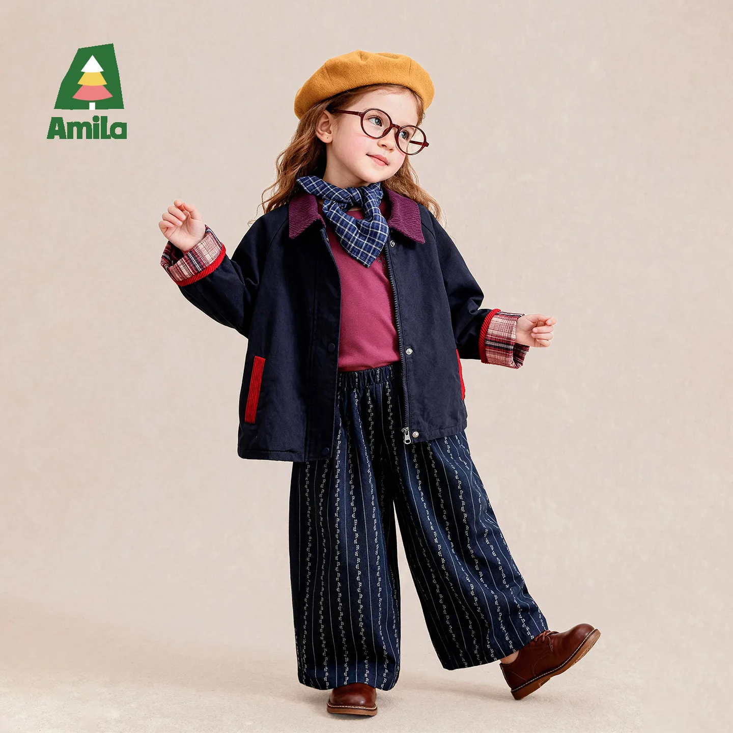 Amila 2026 Autumn New Kids Turn Down Collar Casual Jacket Classic Plaid Color Block Leisure Preppy Style Versatile Top