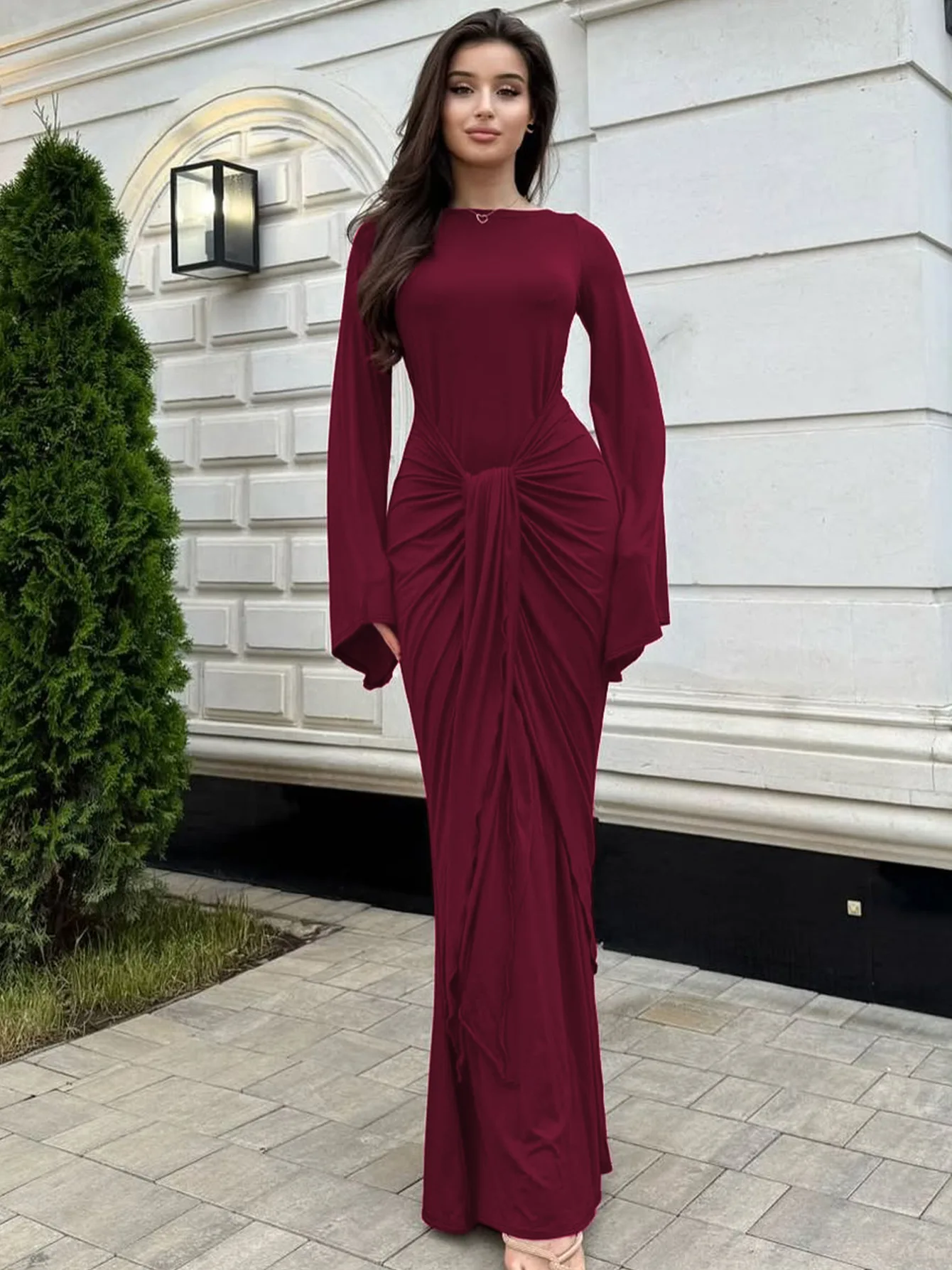 Solid Draped Neckline Long Dress Women Elegant Full Sleeve Cinched-waist Pleated Bodycon Robe 2026 Lady Chic Evening Dinner